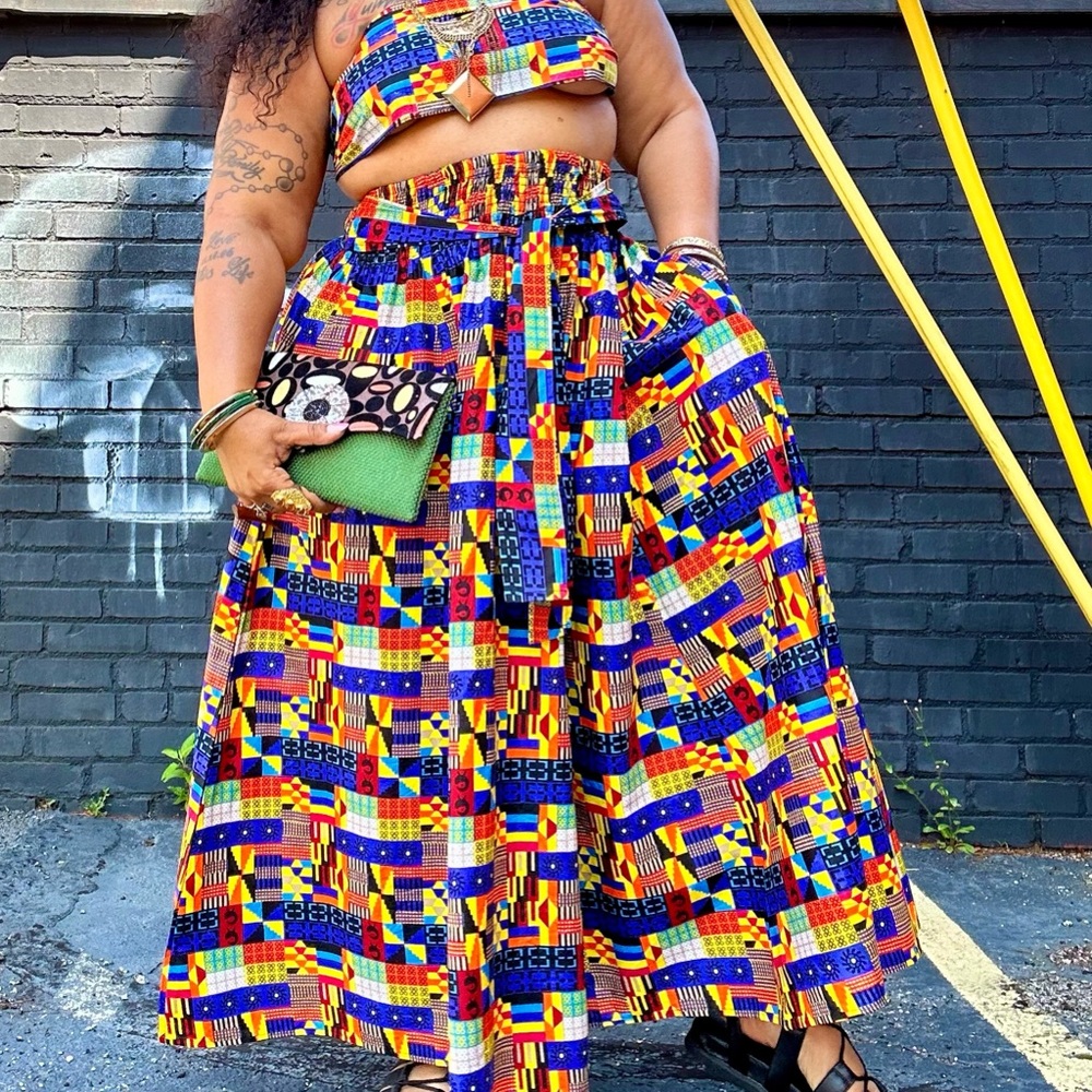 Tribal Abstract Mix Wax Print Cotton Tie Waist Maxi Skirt One Size Plus Size - Picture 1 of 12